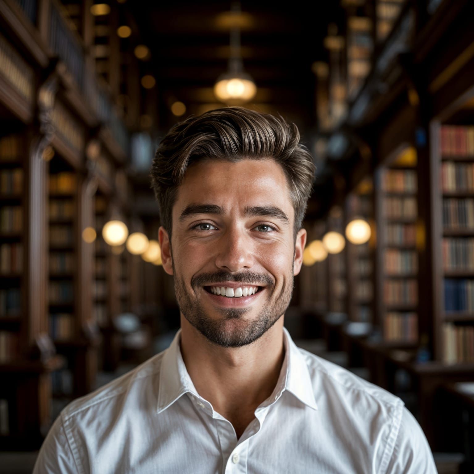 Handsome Man Smiles in Hyperrealistic Library
