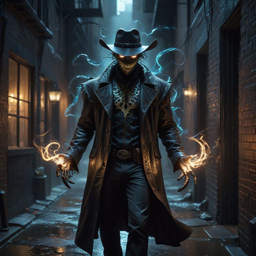 Sinister Cowboy Figure in Dark Alleyway Oil Painting