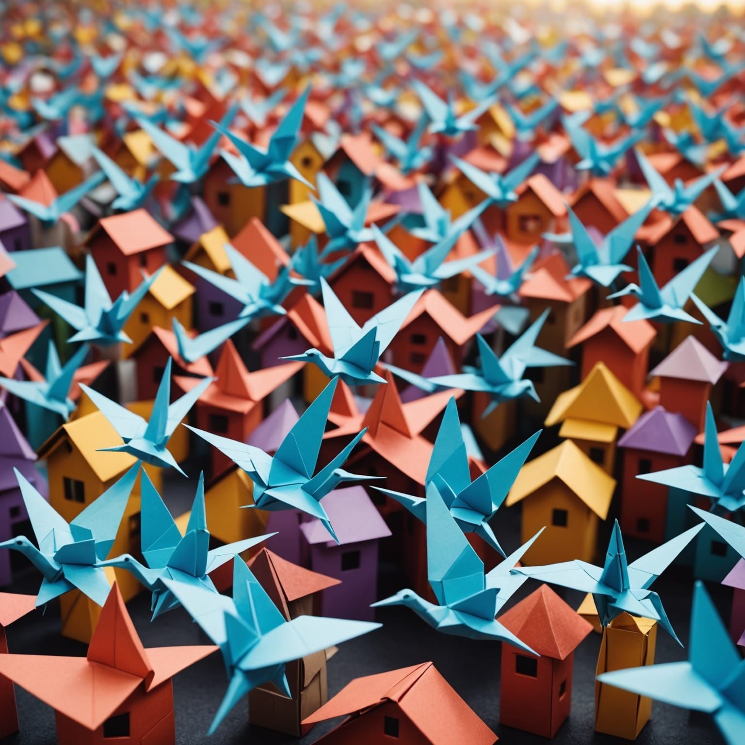 Origami Cranes Soar Through Paper Town