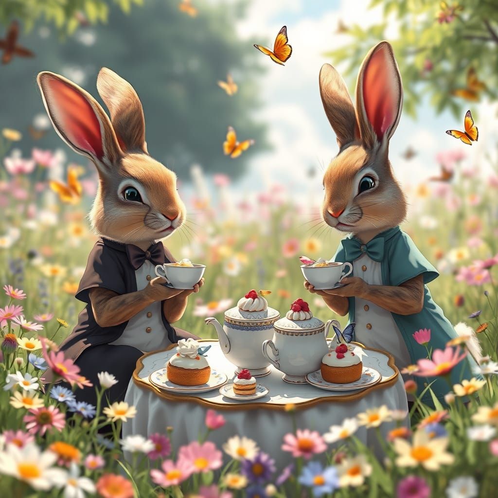 Anthropomorphic Rabbits' Tea Party in Ghibli Anime Style