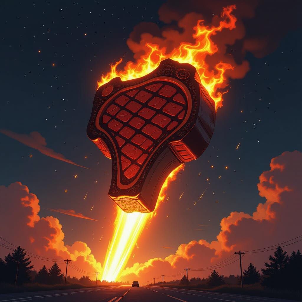 A giant flaming meteor made all of porterhouse steak. It des...