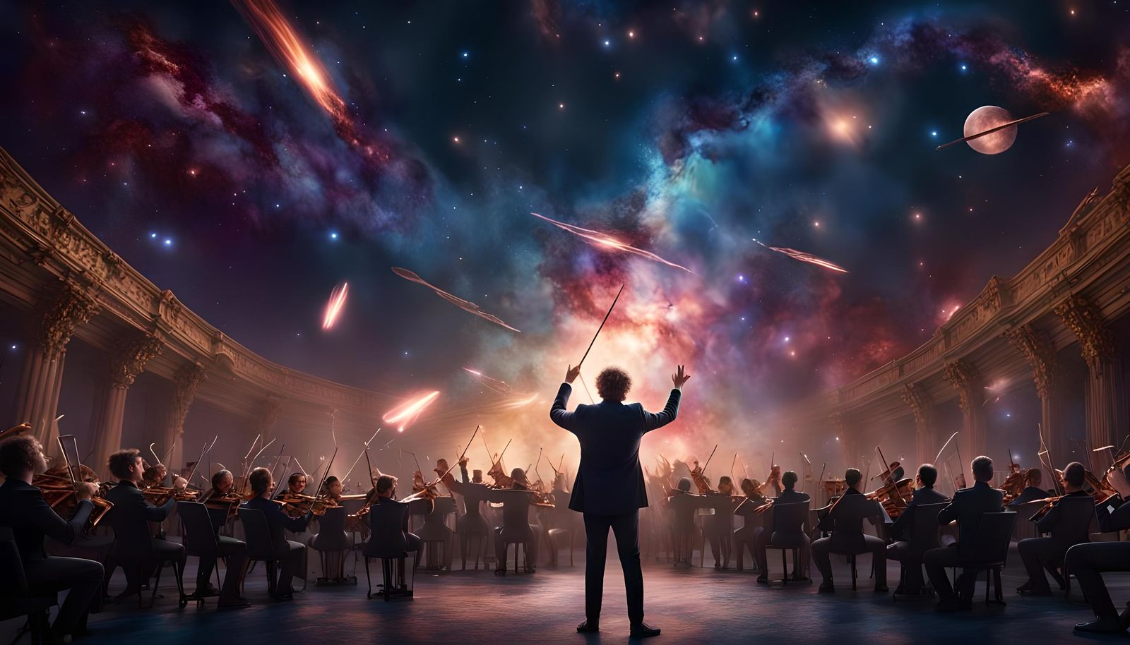 Conductor Watching Cosmic Forces, Detailed Matte Painting