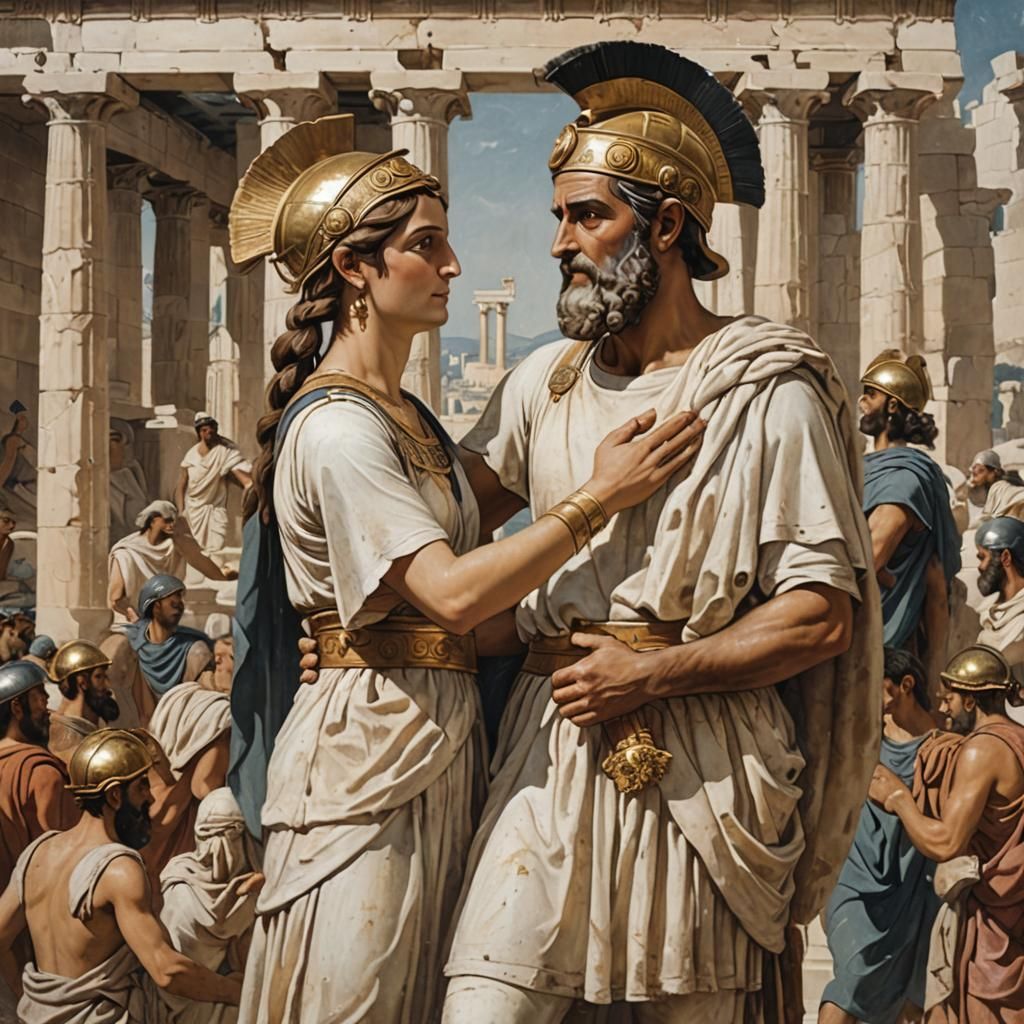 Pericles and Aspasia Embrace After Spartan Attack