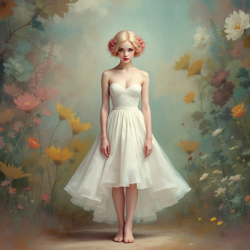 Blond Pin-Up Woman in Enchanted Stillness