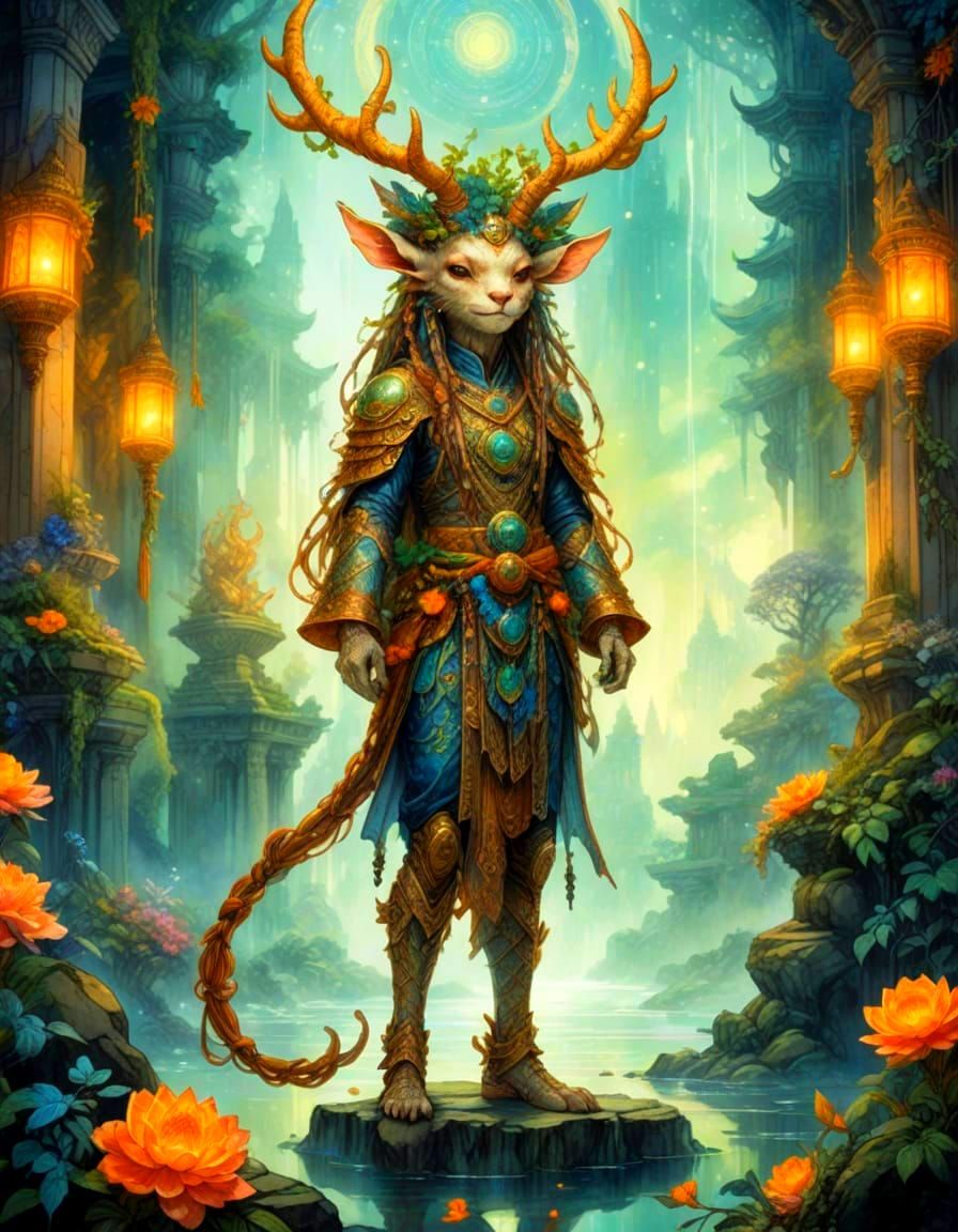 Fantasy Hybrid Creature in Golden Pointillism Art