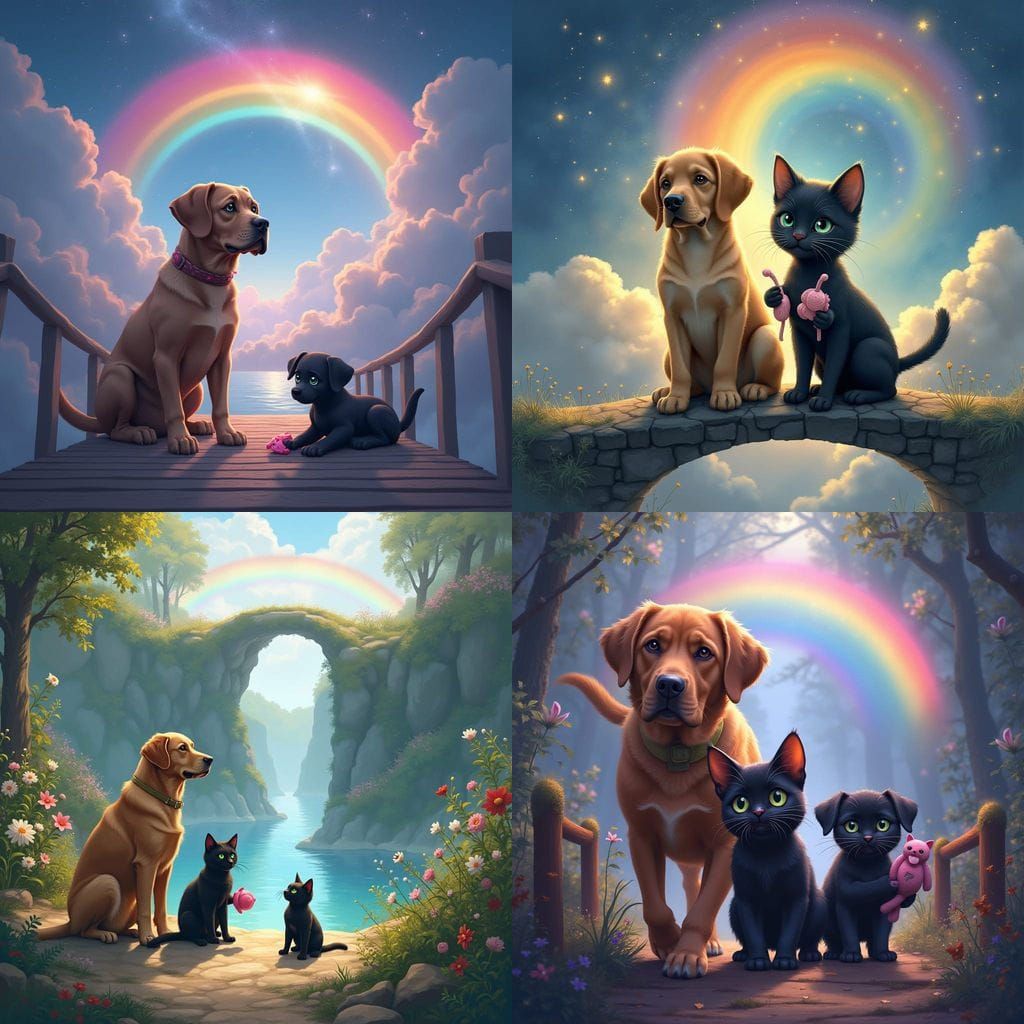 Brown Labradors and Cats Gather at the Rainbow Bridge