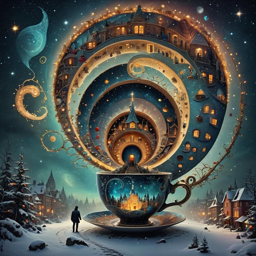 Surreal Christmas Teacup Portal to a Starry Galaxy
