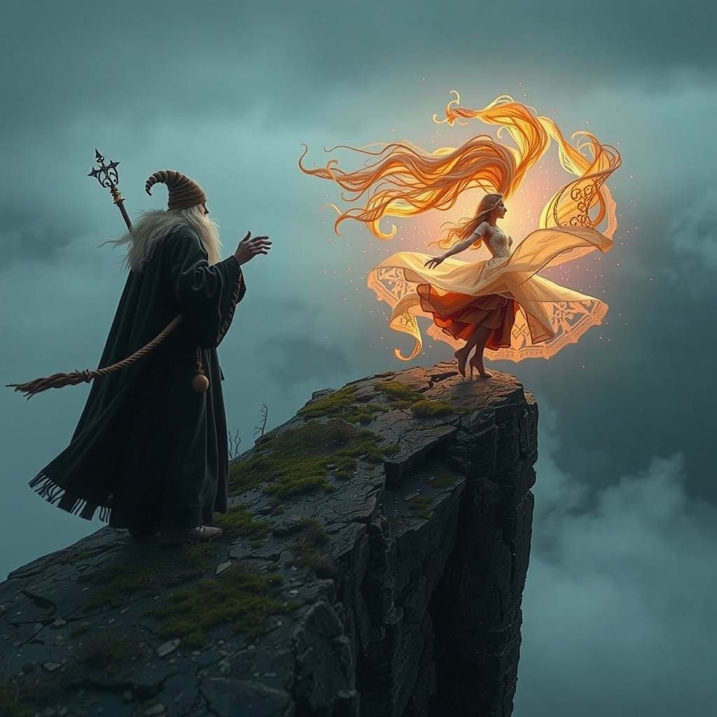 Majestic Wizard Summons Wind Spirit in Cinematic HDR Photogr...