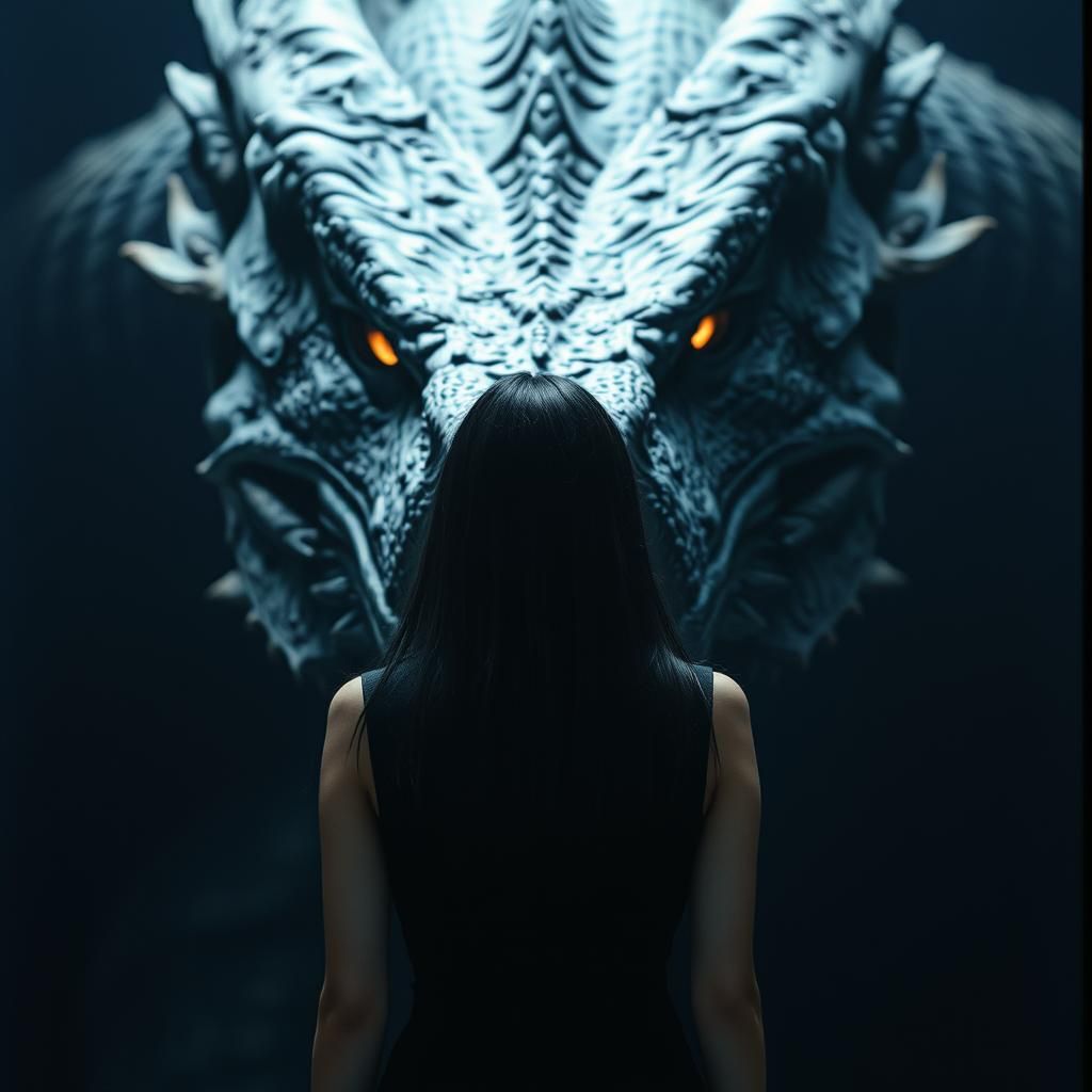 Woman Confronts Dragon: Dramatic Cinematic Film Still