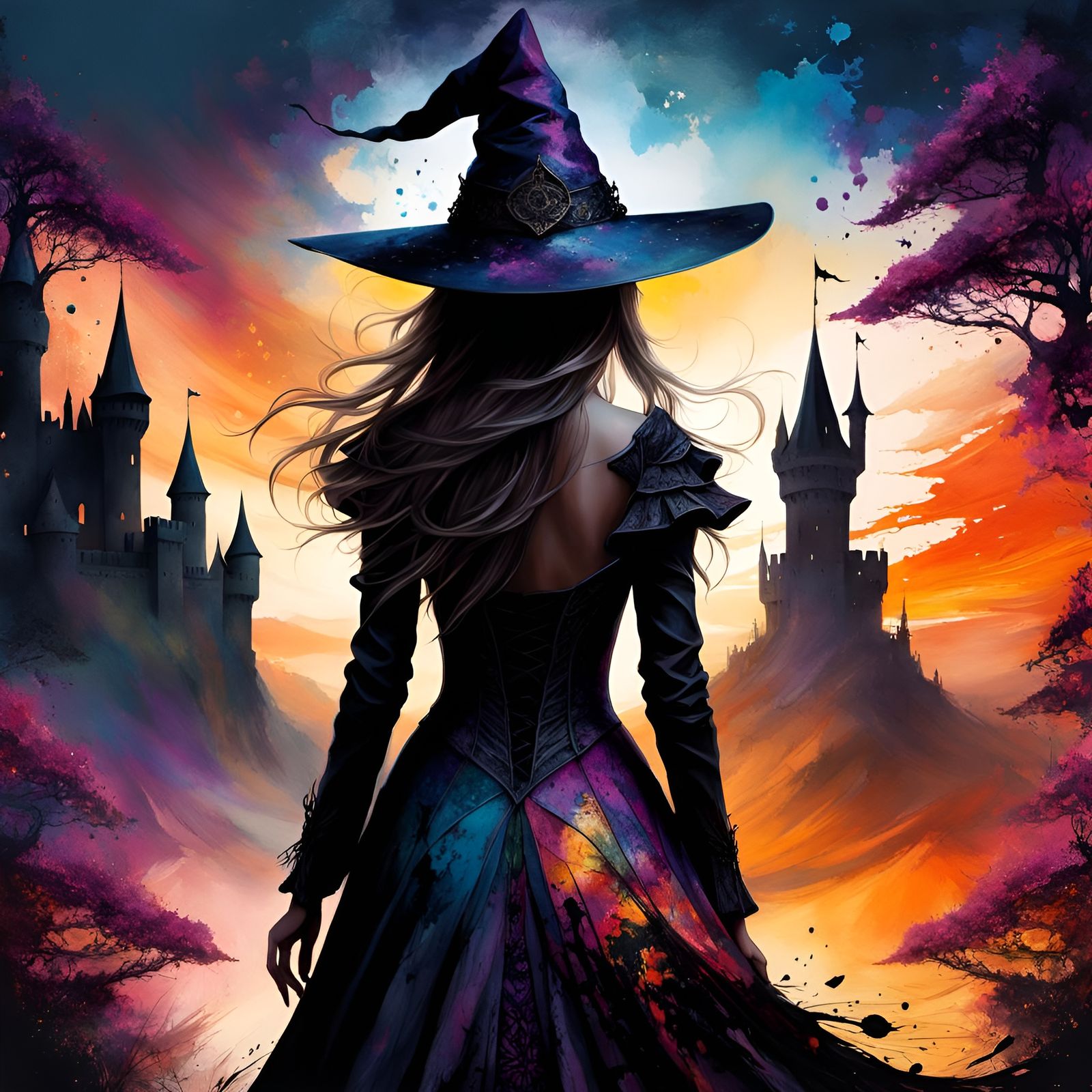 Sorceress Silhouette at Sunset: An Ink Splatter Art Piece