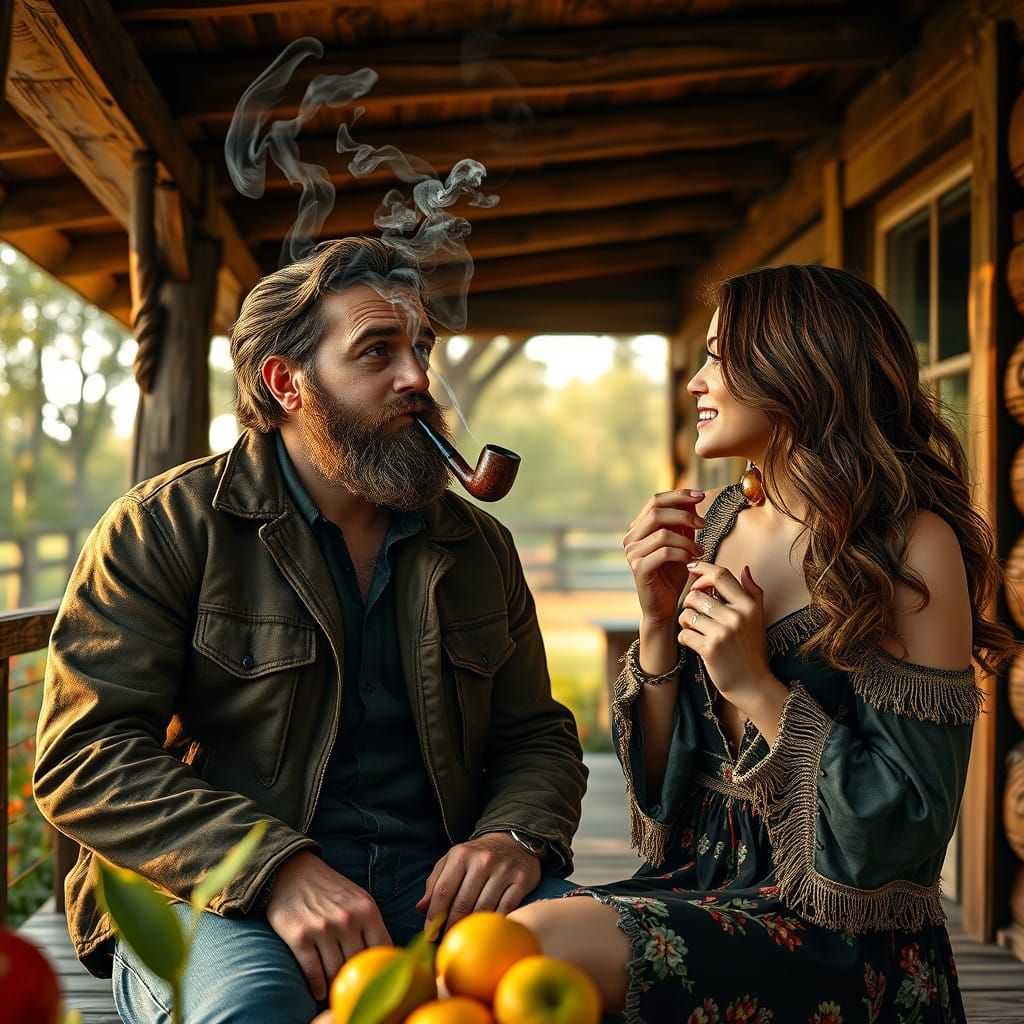 Relaxed Texas Cowboy on Porch with Adoring Girlfriend