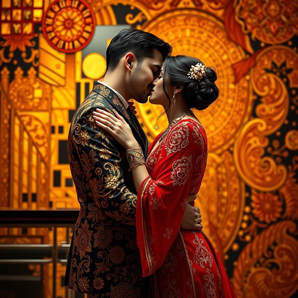 Romantic Embrace in Art Nouveau Style