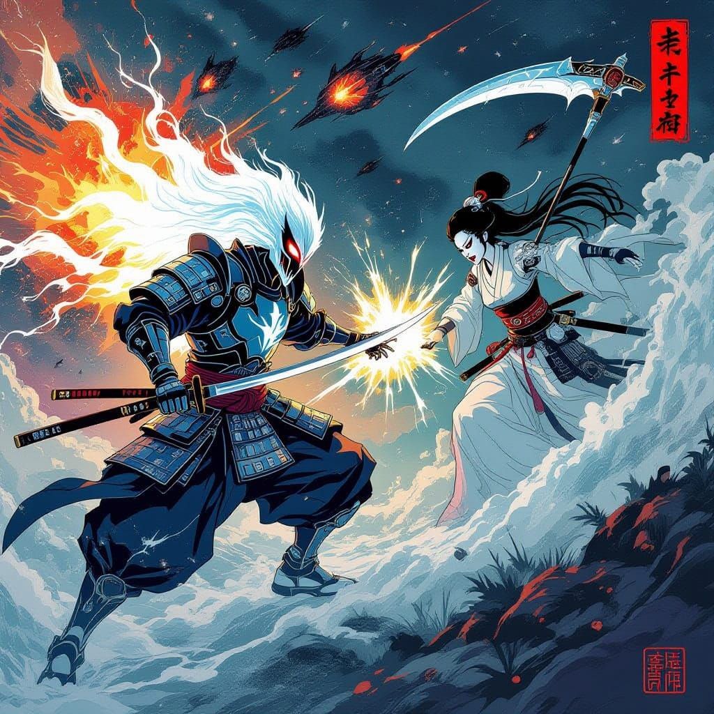 A ghost rider in futuristic surreal ukiyo-e style paint.. an...