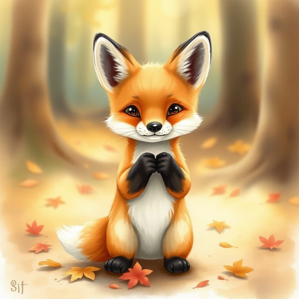 Whimsical Baby Fox Plea in Watercolor Style