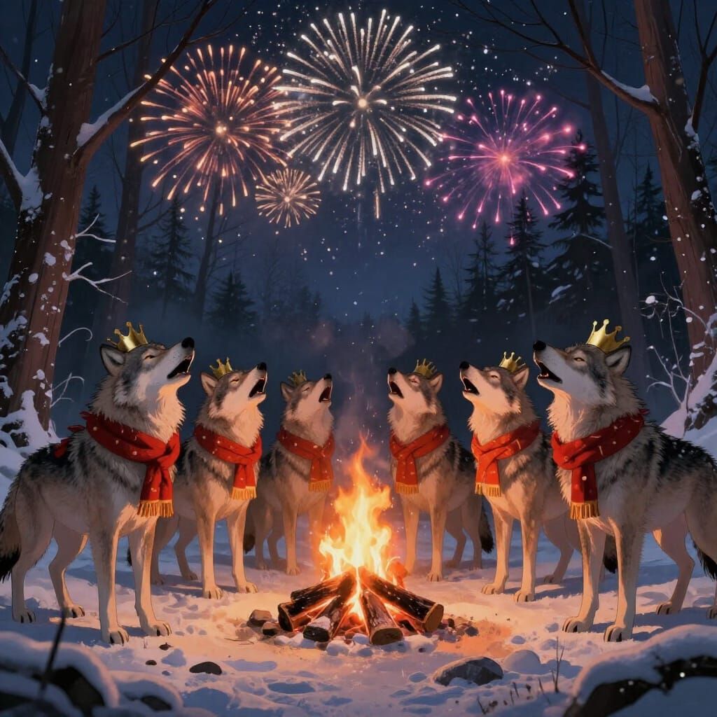 Wolves Celebrate New Year in Snowy Forest Clearing