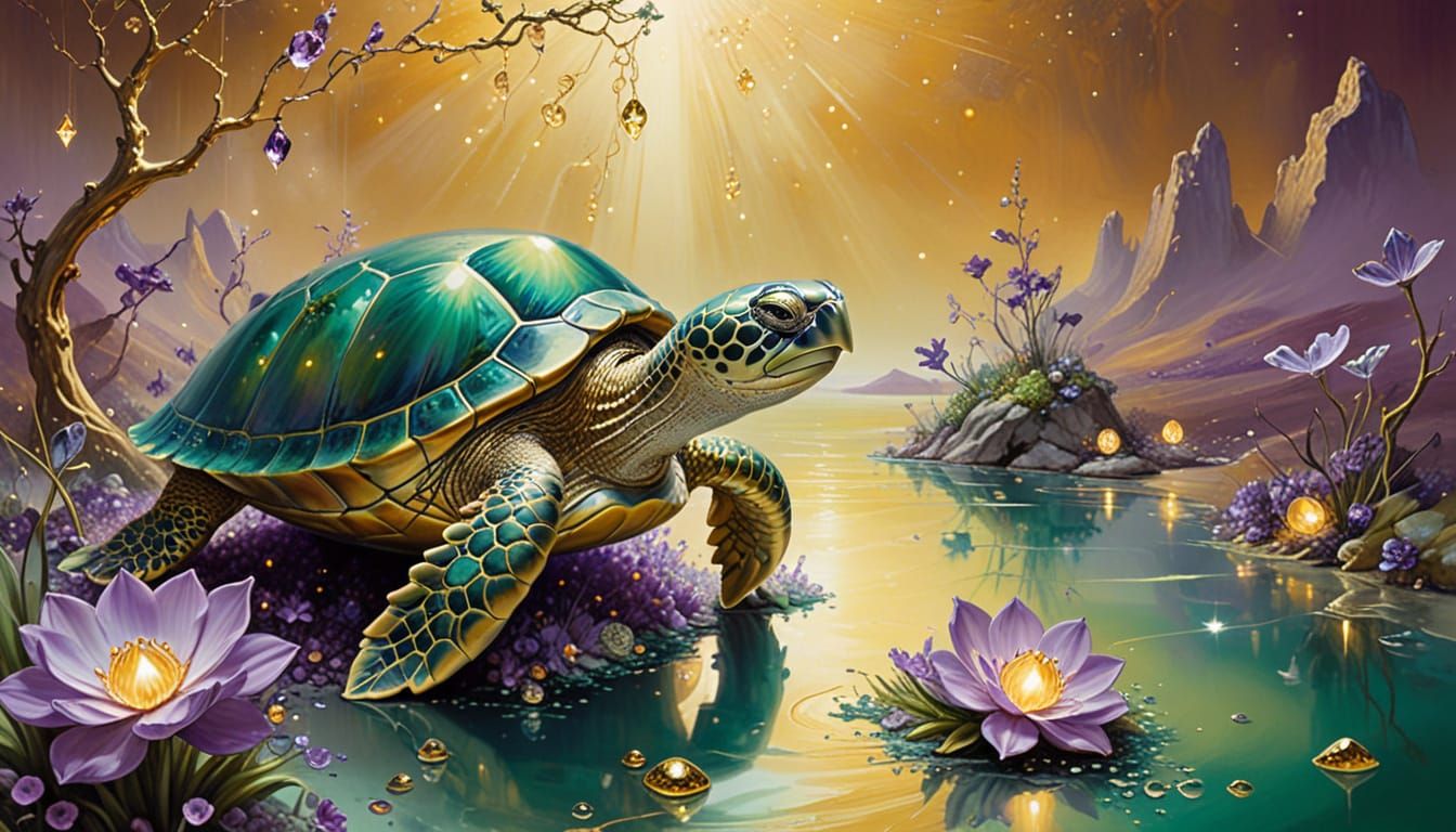 Enchanted Turtle Garden in Crystal Shell, Surreal Art