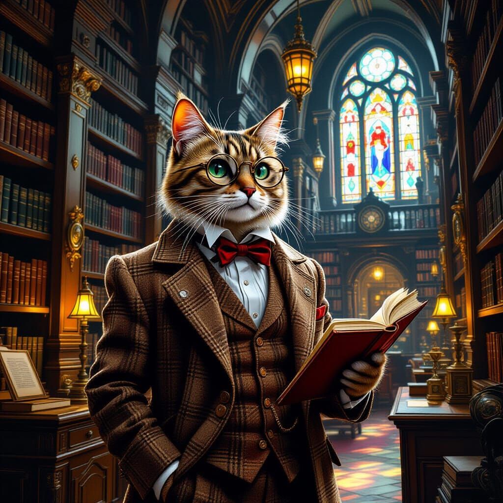 Steampunk Cat Professor in Vast Library