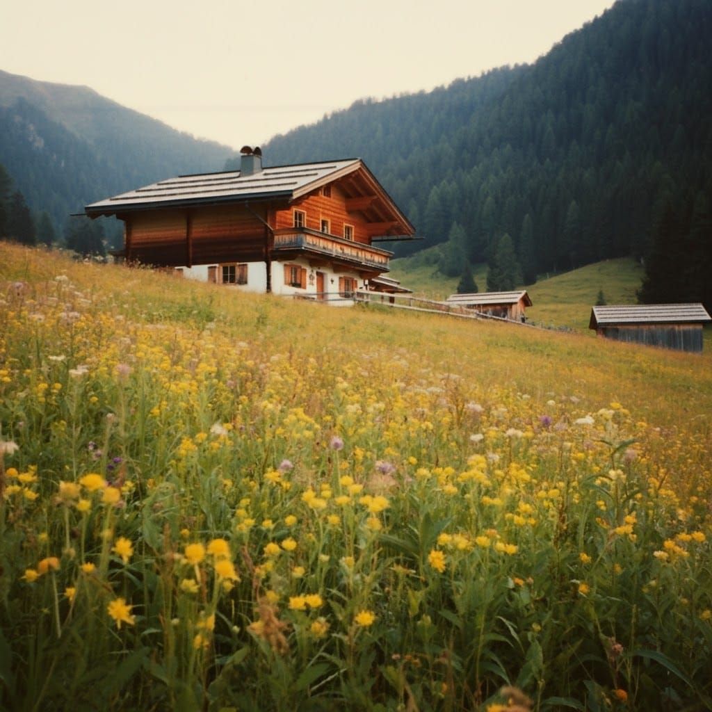 Chalet in Alpine Meadow: Vintage Polaroid Landscape