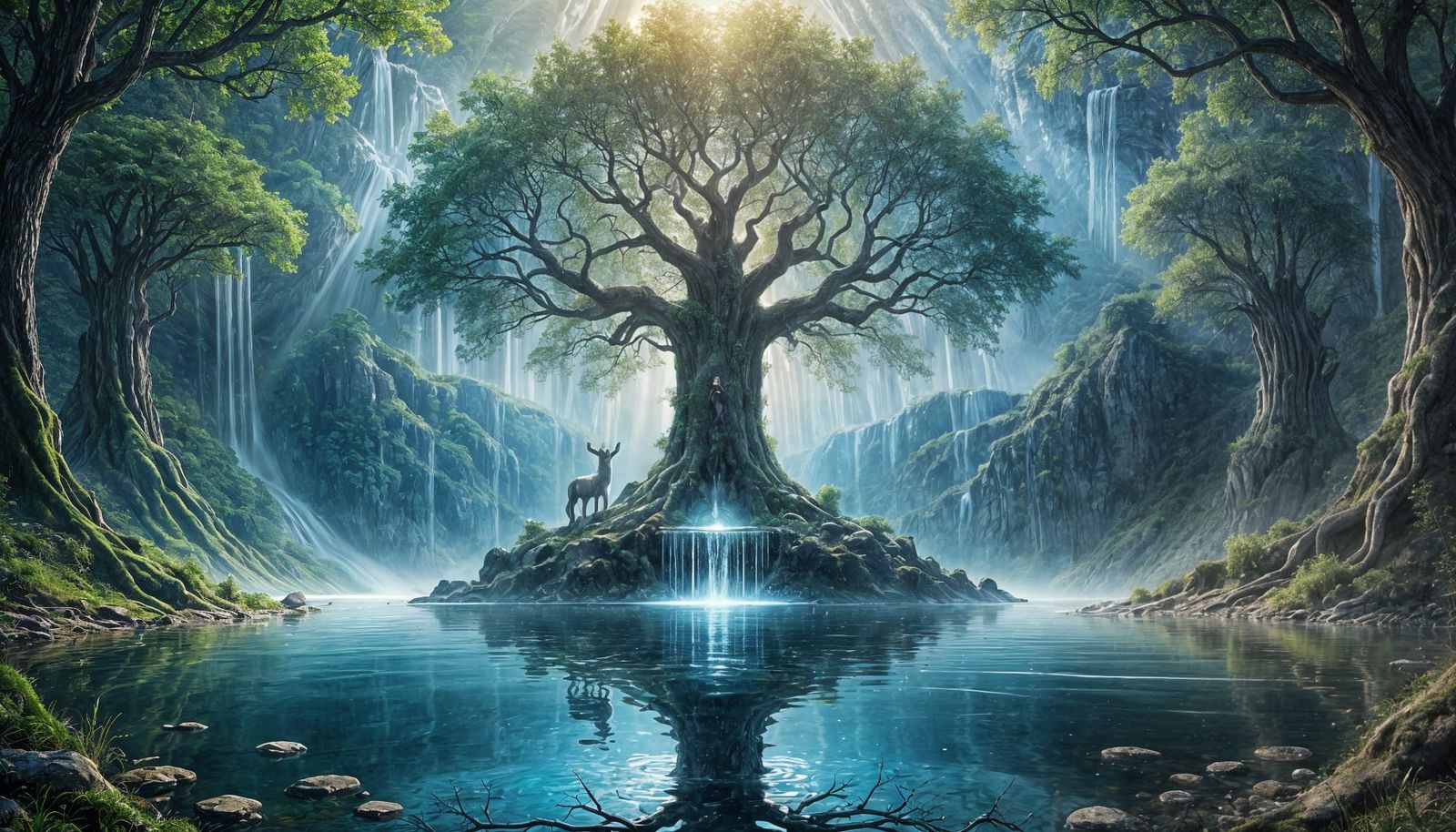 Ethereal Heaven Scene with Crystal River and Tree of Life