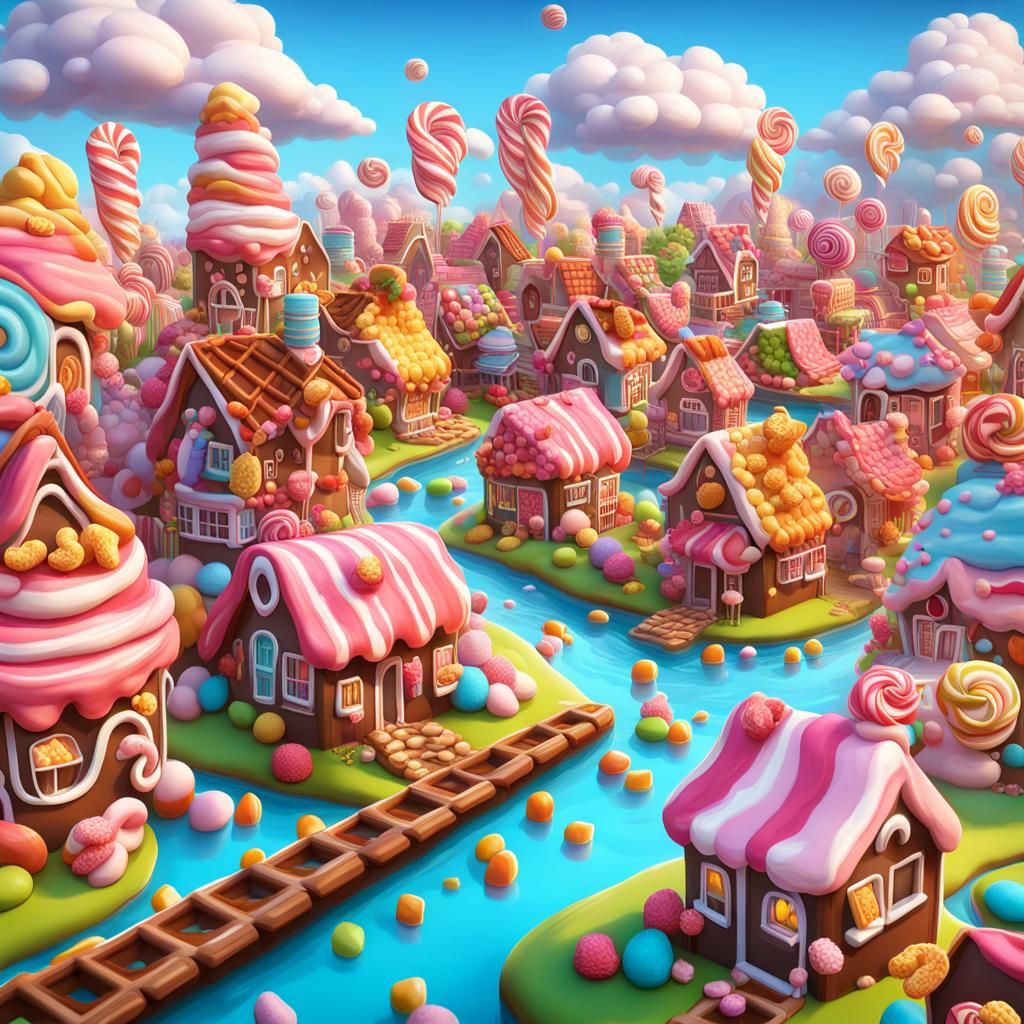 Colorful Candy Village with Chocolate River, Digital Art