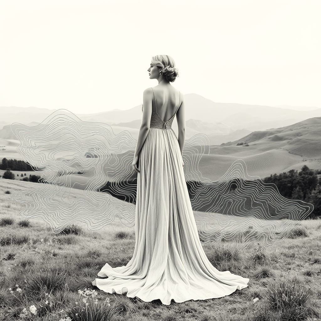 Map contour lines superimposed on a lady