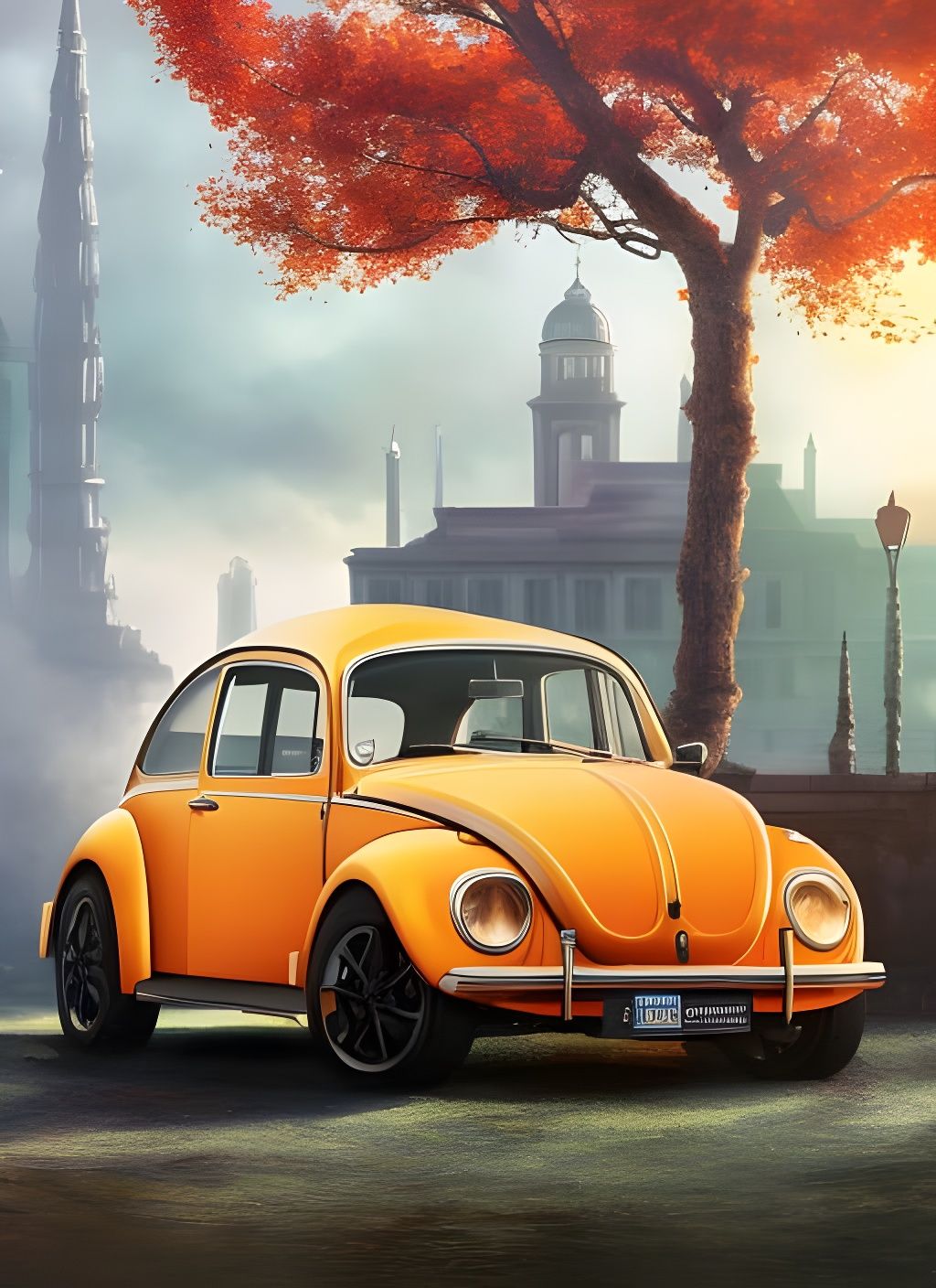 Classic VW Beetle Gouache Illustration in Anime Style