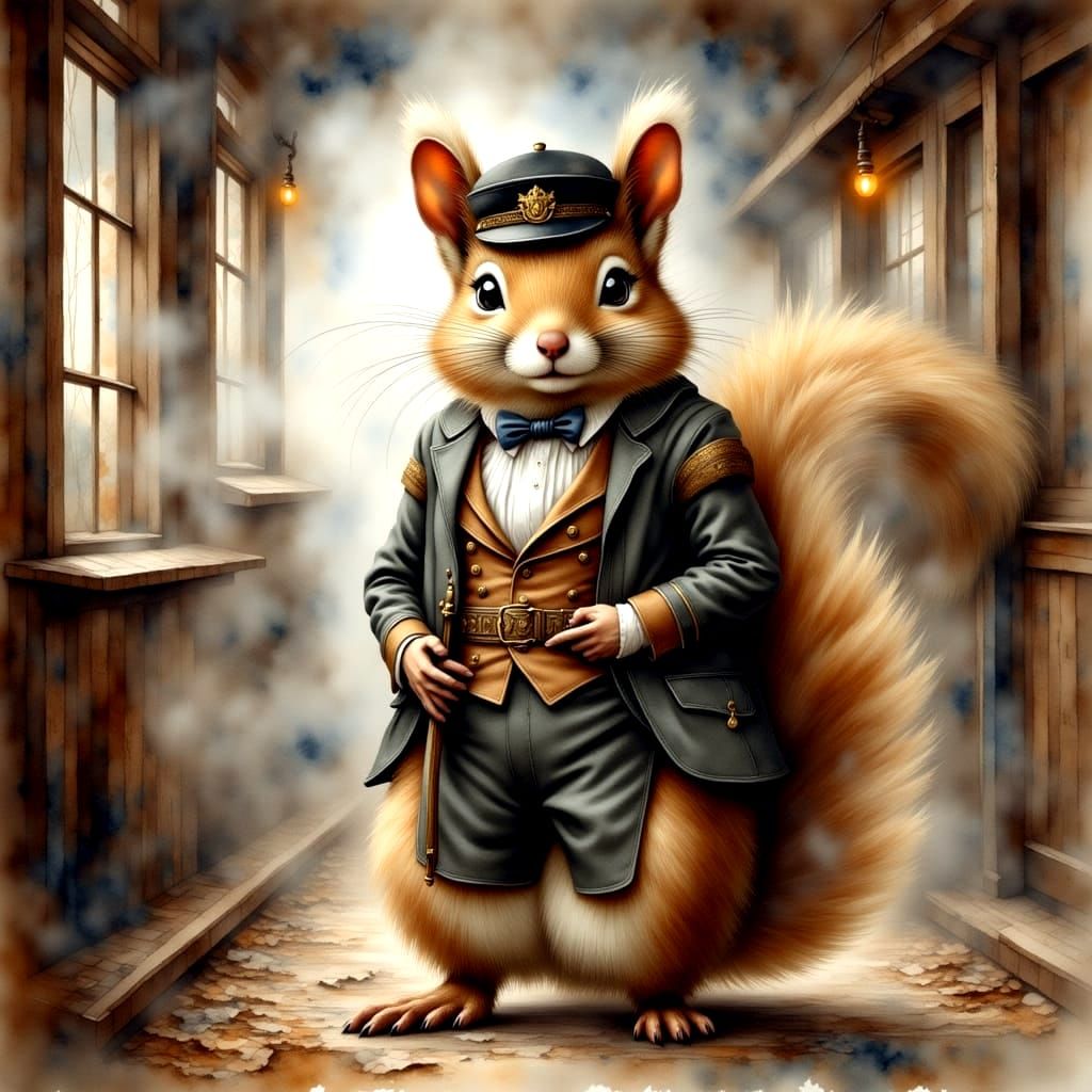 Squirrel Train Conductor in Watercolor Style