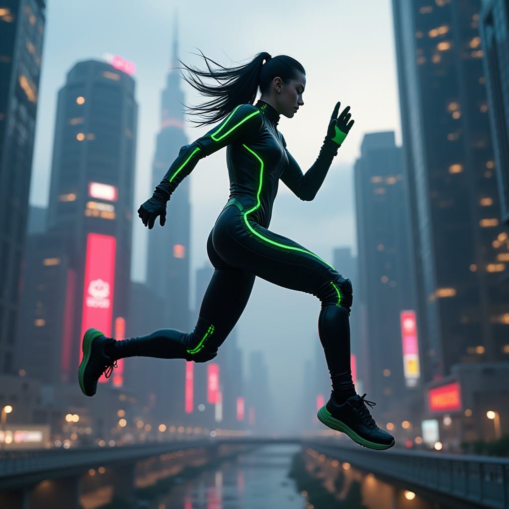 Futuristic Runner Parkour in Neon Cityscape