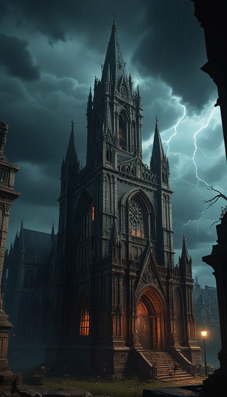 Gothic Cathedral in Storm, Dark Fantasy Comic Art