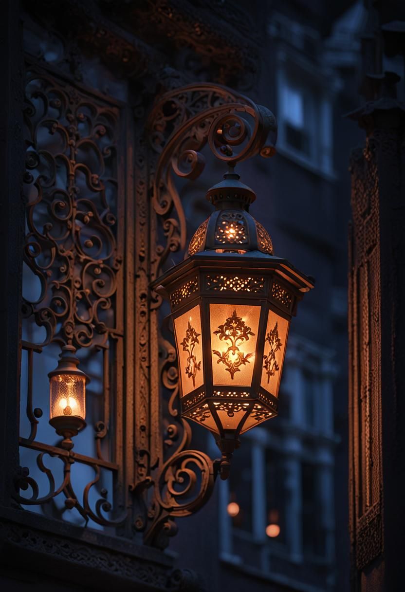 Ornate Lantern Illuminates Dark Night Corner