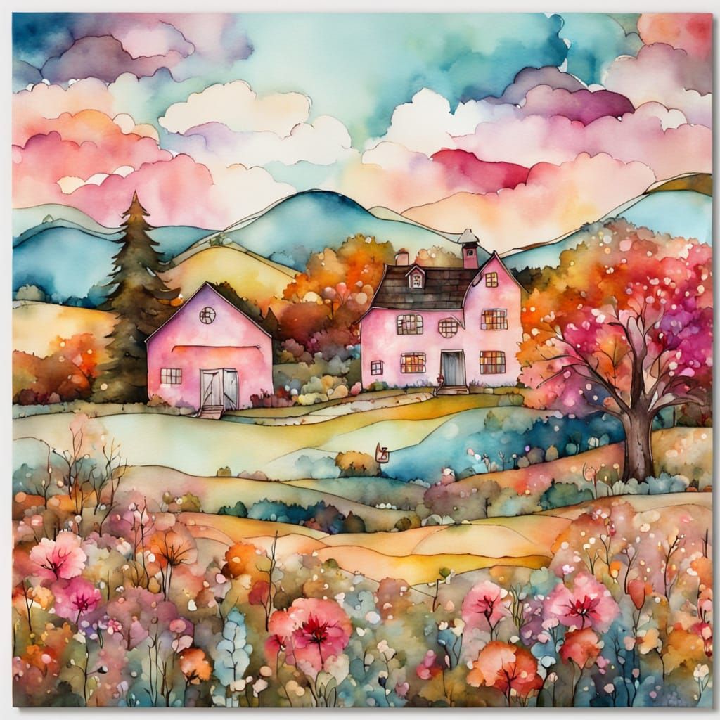 Whimsical Countryside Landscape with Farmhouse and Foxes