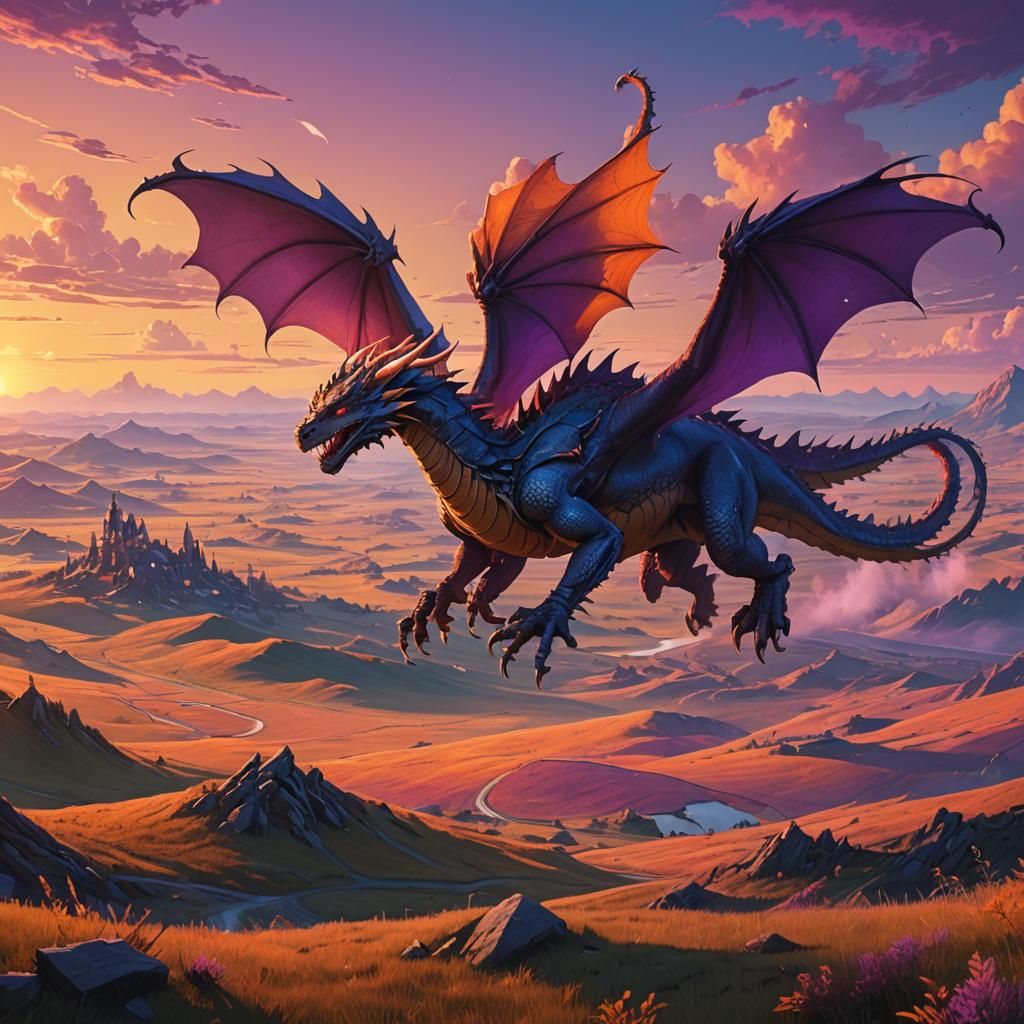 Mystical Dragon Soaring Over Plains at Sunset