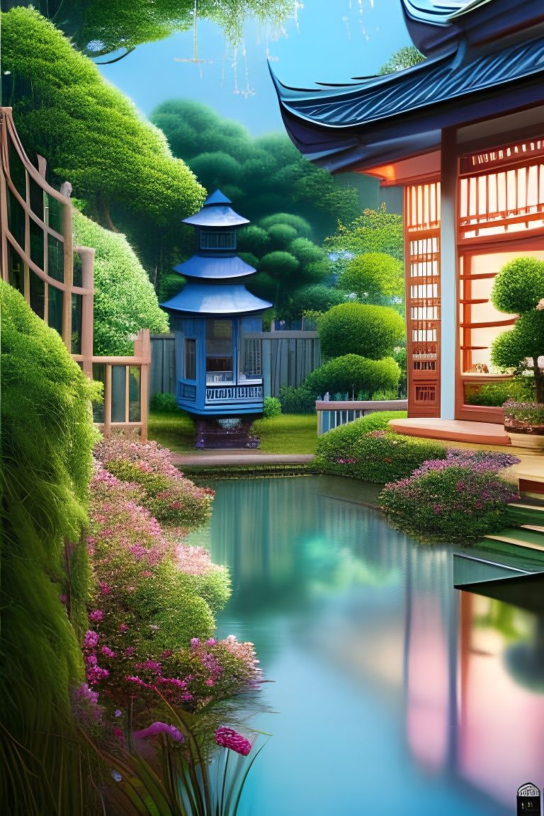 Elegant Asian-Style Garden Illustration in 8k