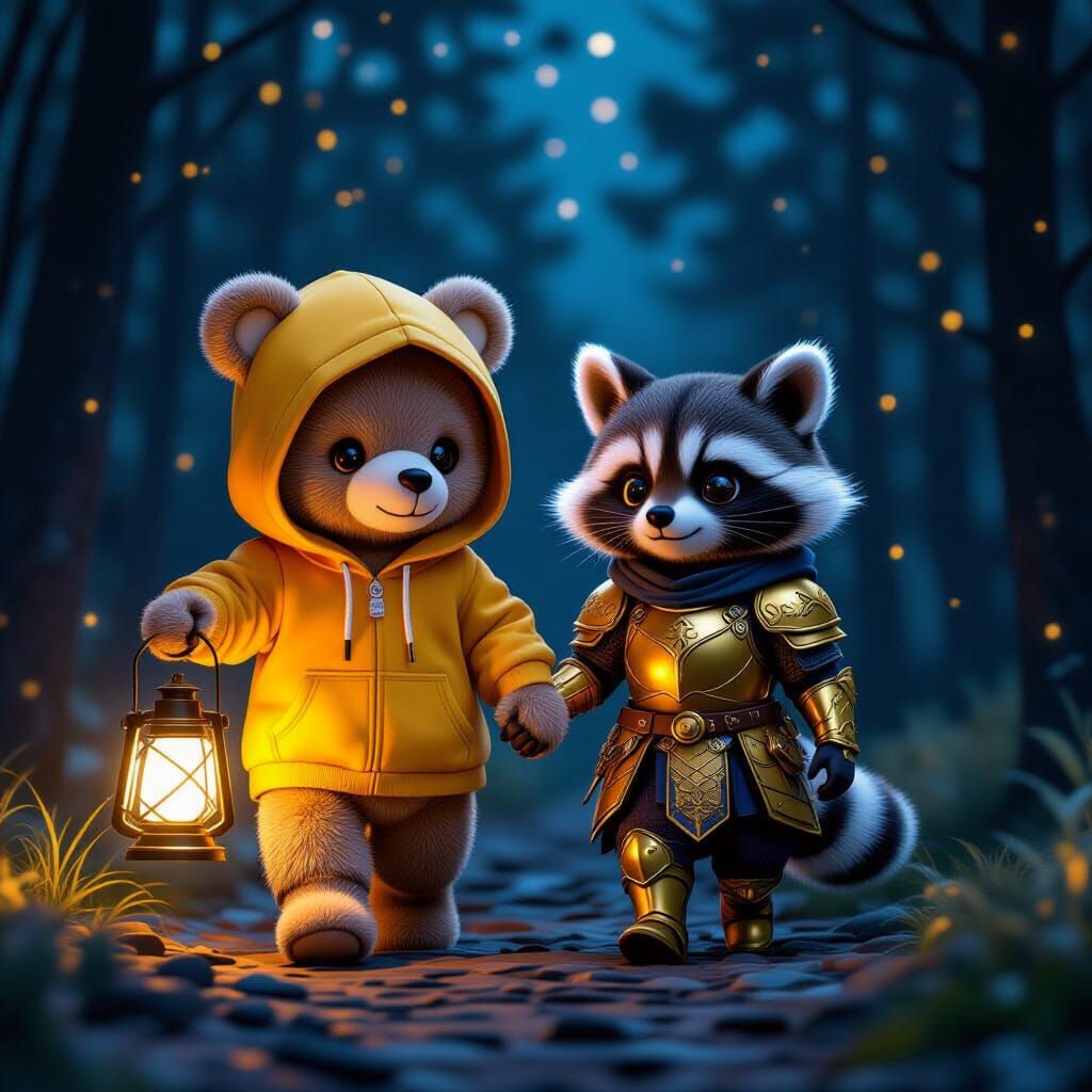 Teddy Bear and Raccoon in Forest, Anime 3D Art