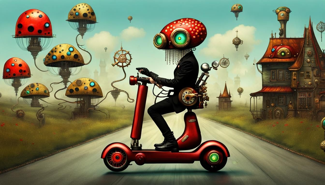 Steampunk Centipede on Scooter, Detailed Line Art