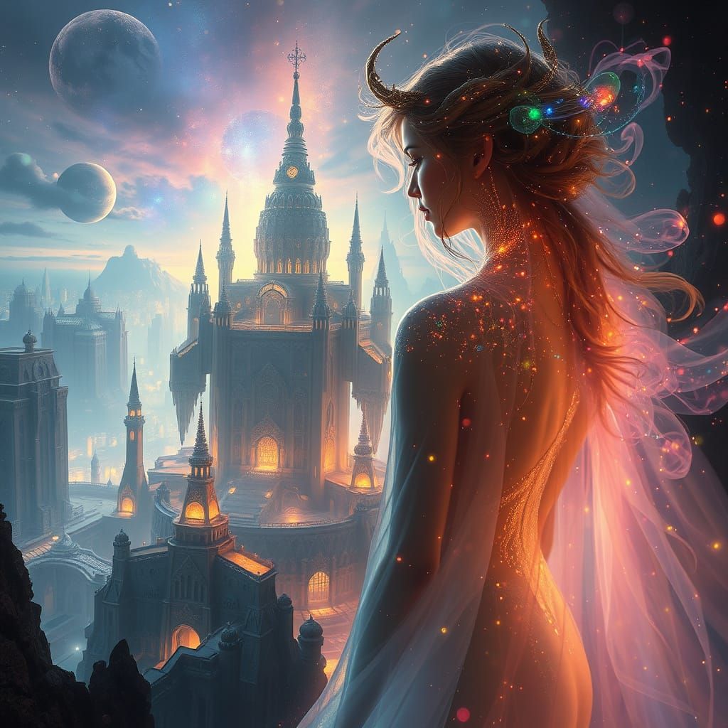 Ethereal Goddess Observes Dream City in Abstract Light
