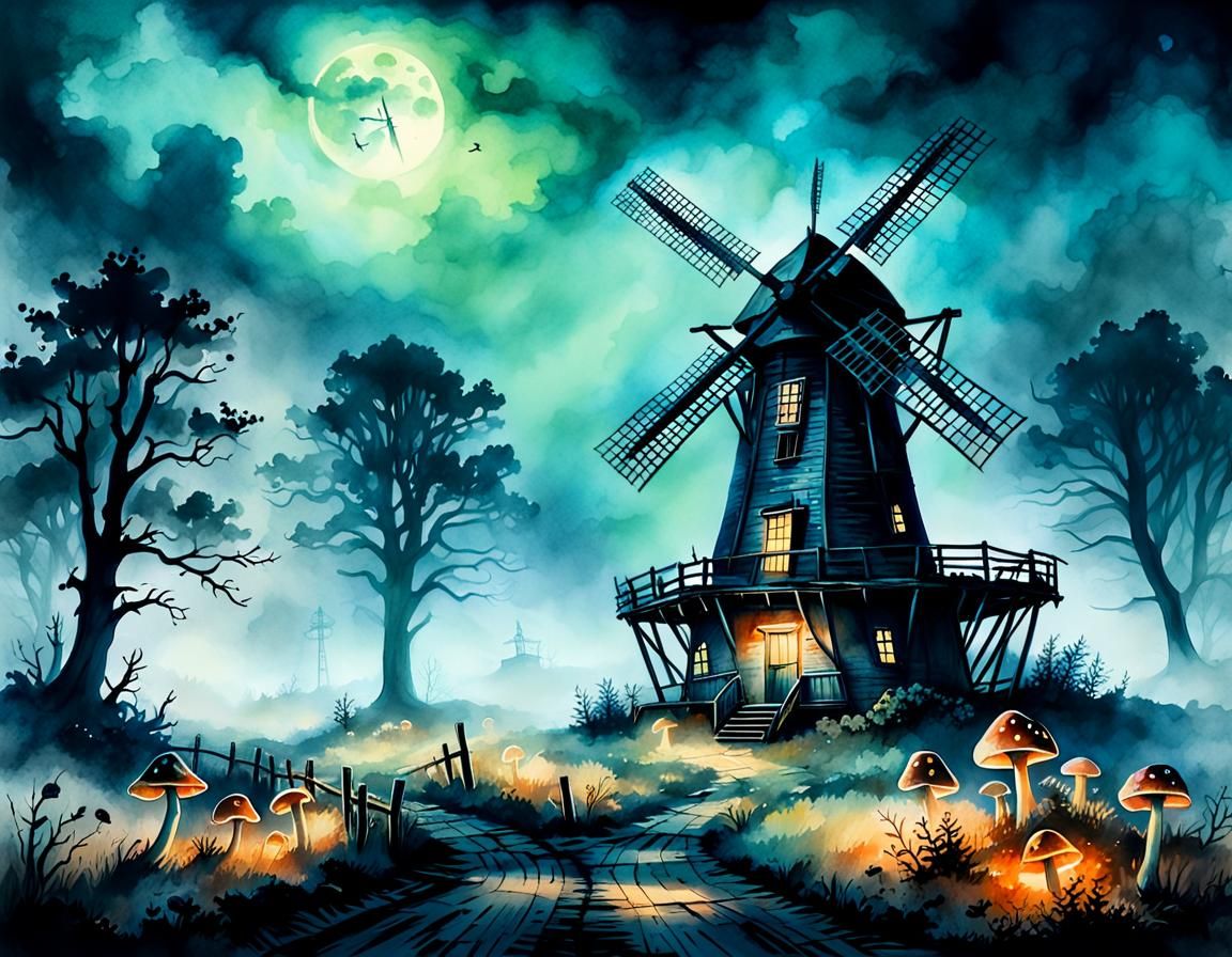 Eerie Abandoned Windmill in Watercolor Style