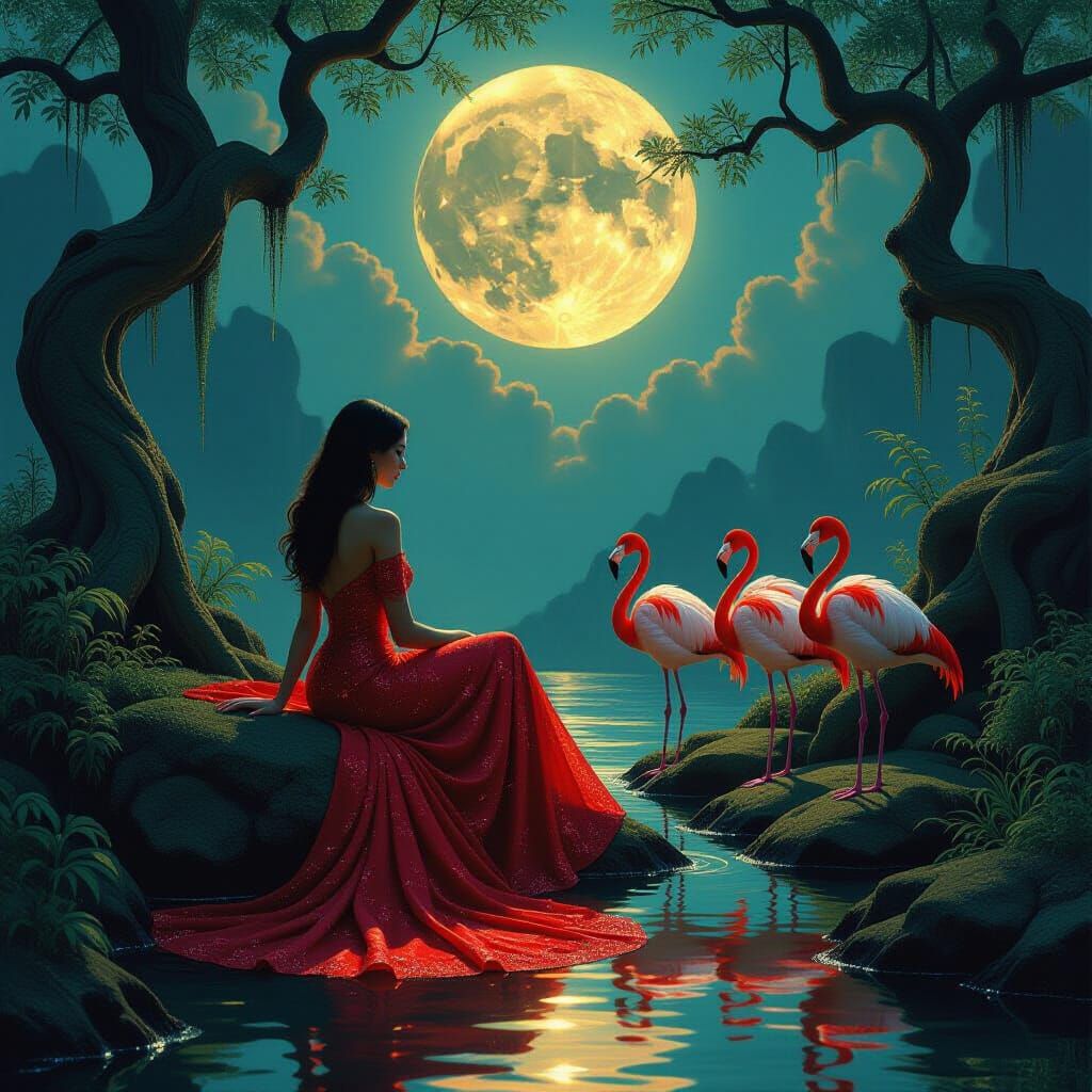 Woman and Flamingos Under Moonlight: An Oil Painting