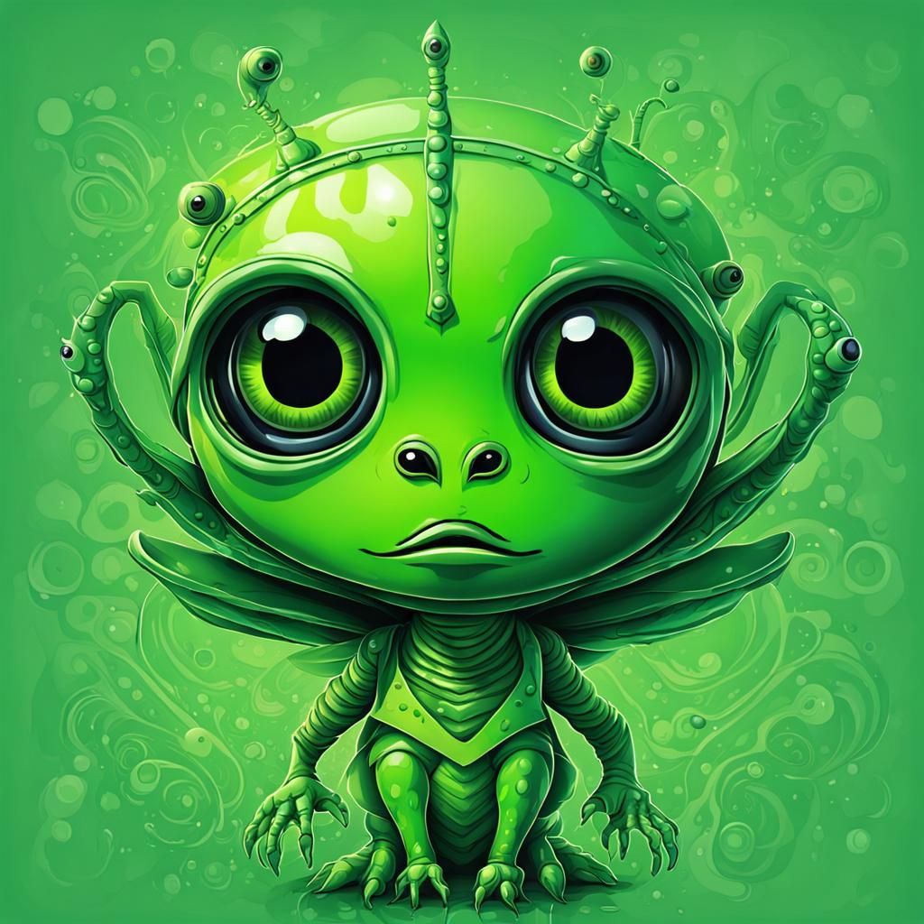 Cute Green Alien Queen in Abstract Art Style