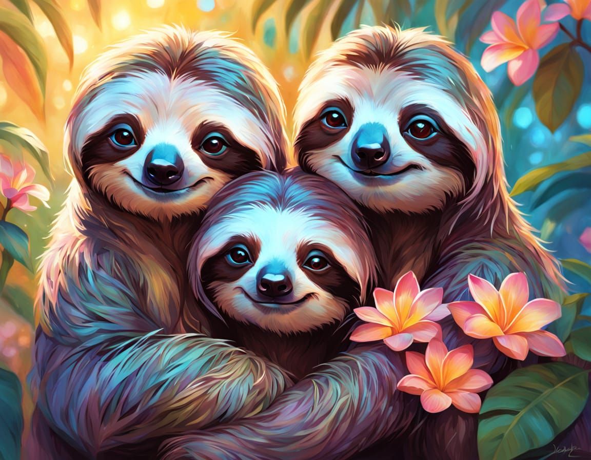Three Sloth Sisters Adorned with Flowers in Dreamlike Glow
