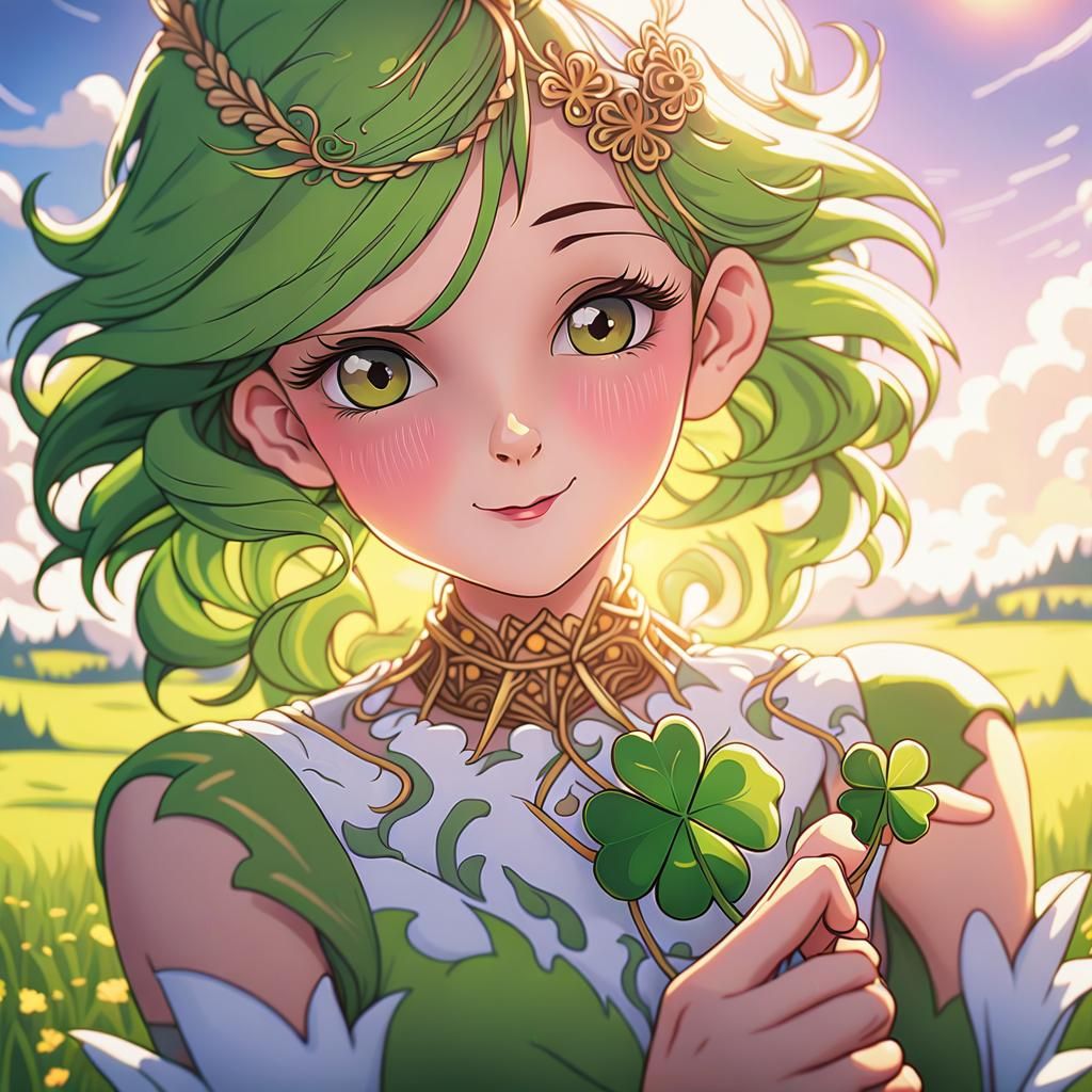 Anime Woman with Clover in Lush Meadow