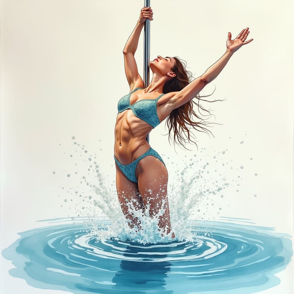 Watercolor Aquafitness Pole Dancing Scene