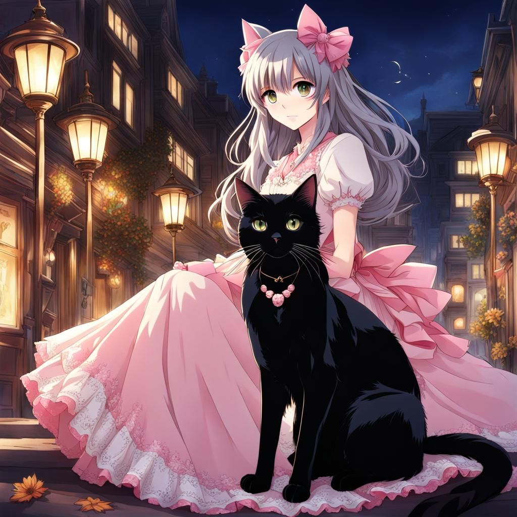 Anime Black Cat and Woman in Pretty Dress