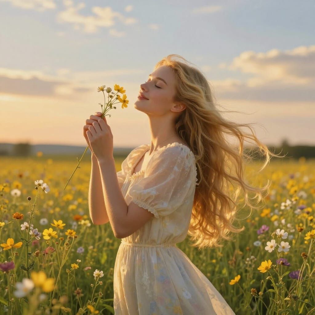Woman in Wildflower Field Under Painterly Sky