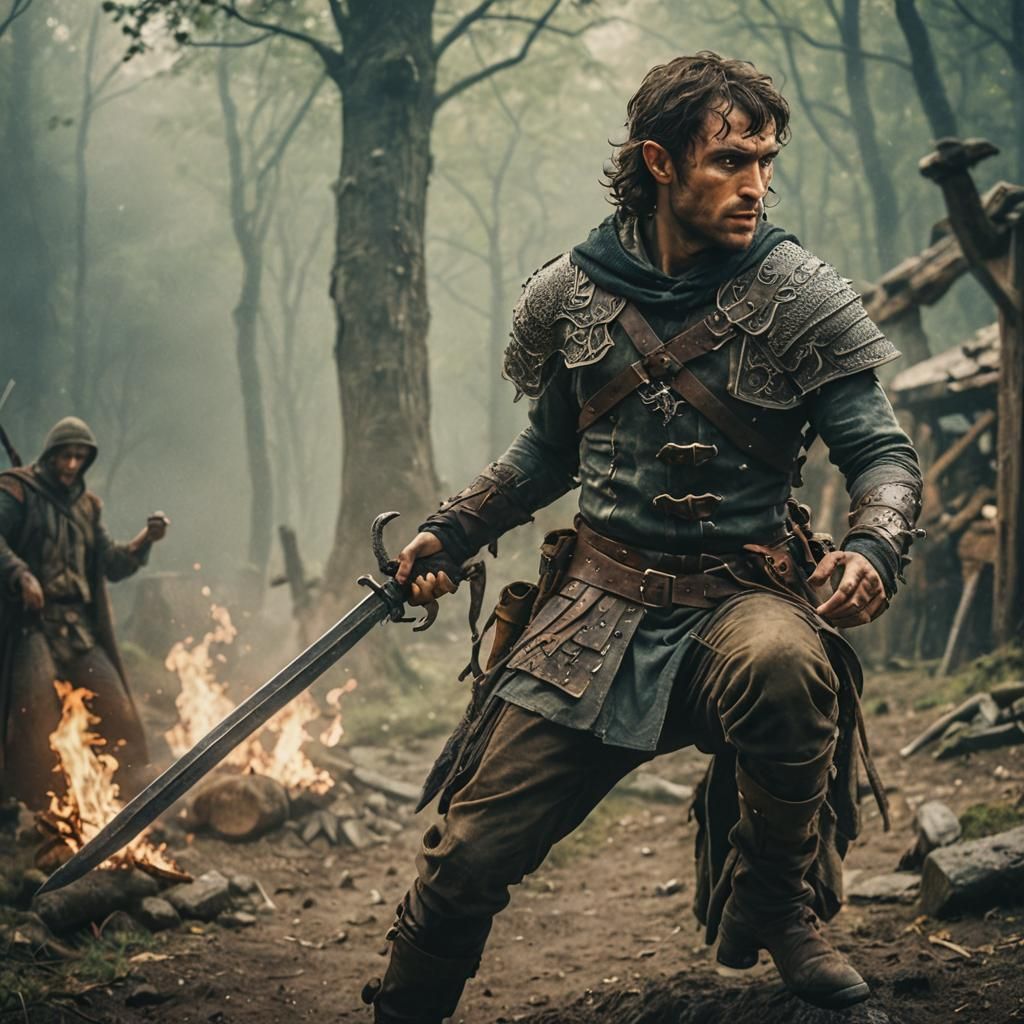 Half-Elf Rogue Attacks in Medieval Fantasy World