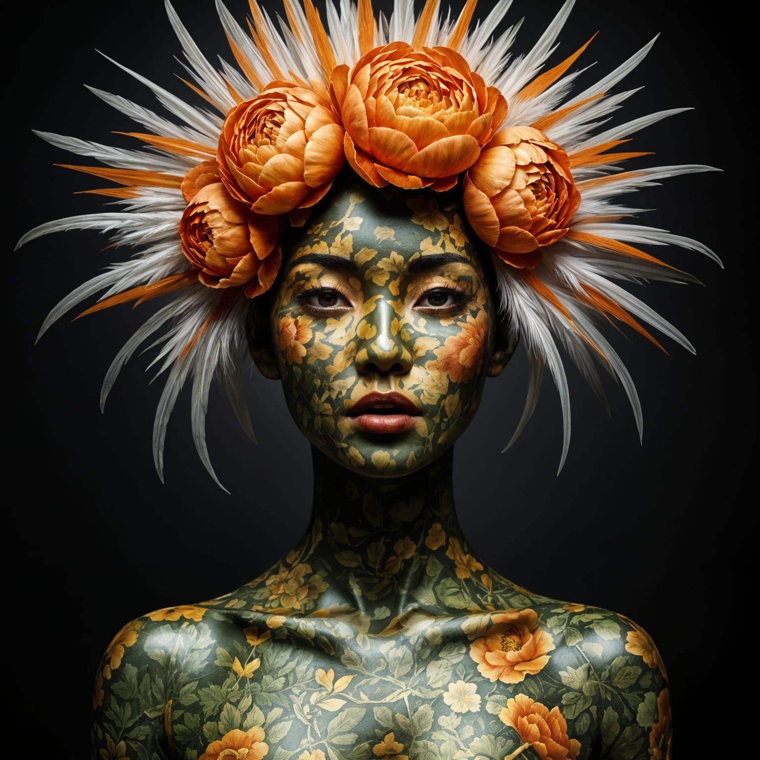 Porcelain Asian Woman with Floral Print and Peony Crown