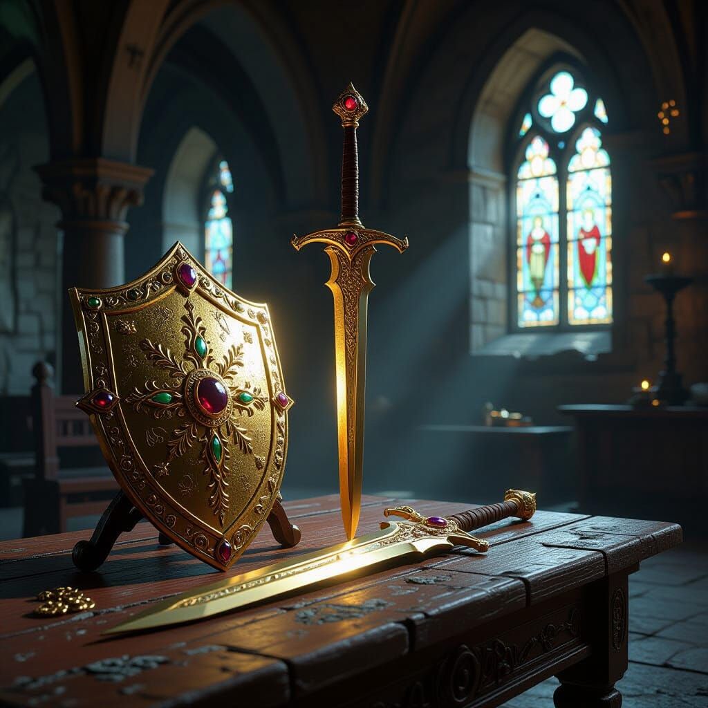 Golden Weapons in Ancient Monastery, Fantasy Art Style