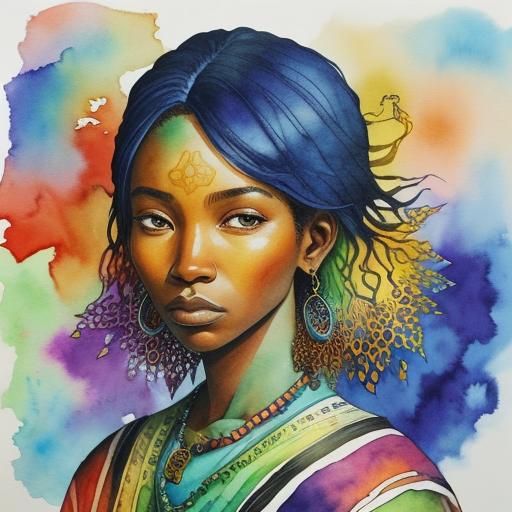 African American Woman in Watercolor with Ink Splashes
