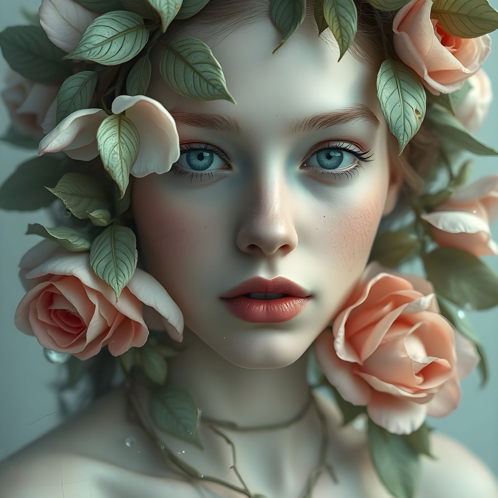 Surreal Botanical Beauty with Rose and Leaf Elements