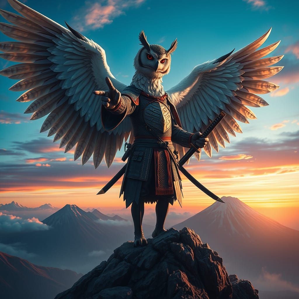 Heroic Owlman Samurai Stands atop Mount Fuji